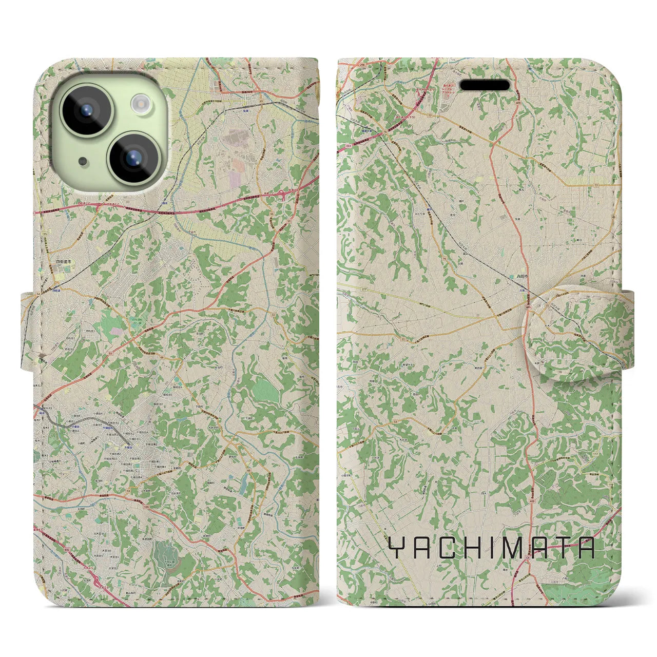 【八街(千葉県)】地図柄iPhoneケース(手帳タイプ)ナチュラル・iPhone 15 用