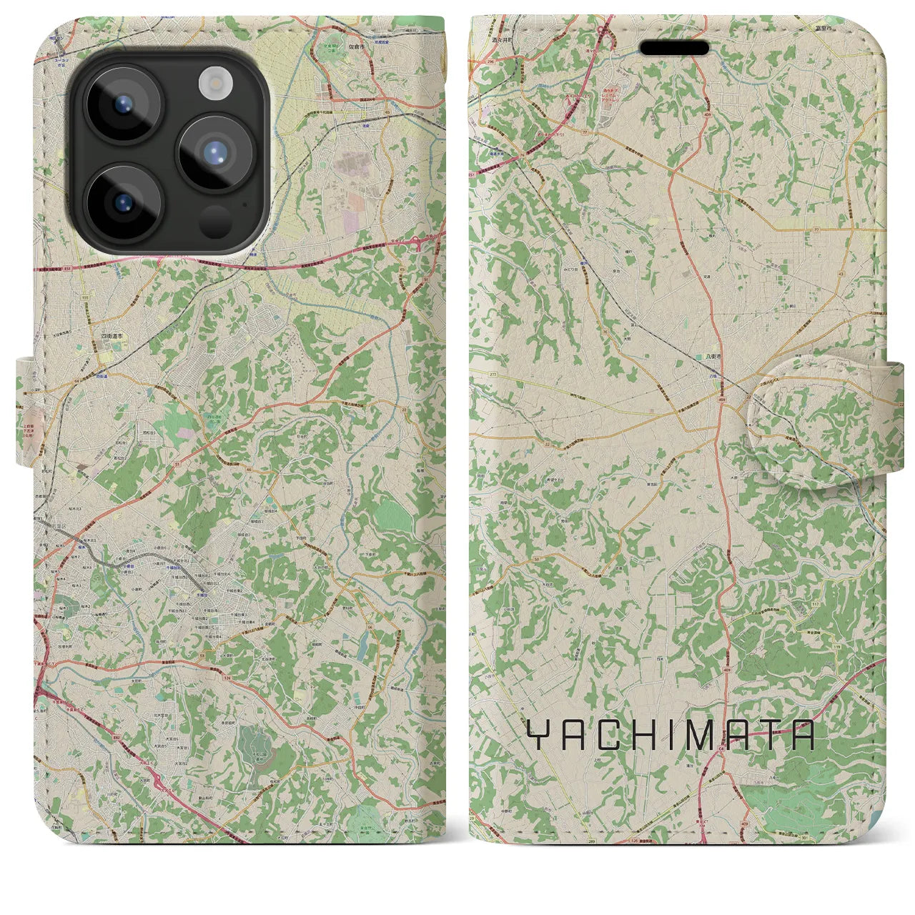【八街(千葉県)】地図柄iPhoneケース(手帳タイプ)ナチュラル・iPhone 15 Pro Max 用