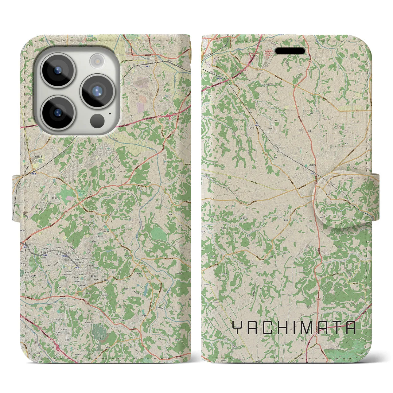 【八街(千葉県)】地図柄iPhoneケース(手帳タイプ)ナチュラル・iPhone 15 Pro 用