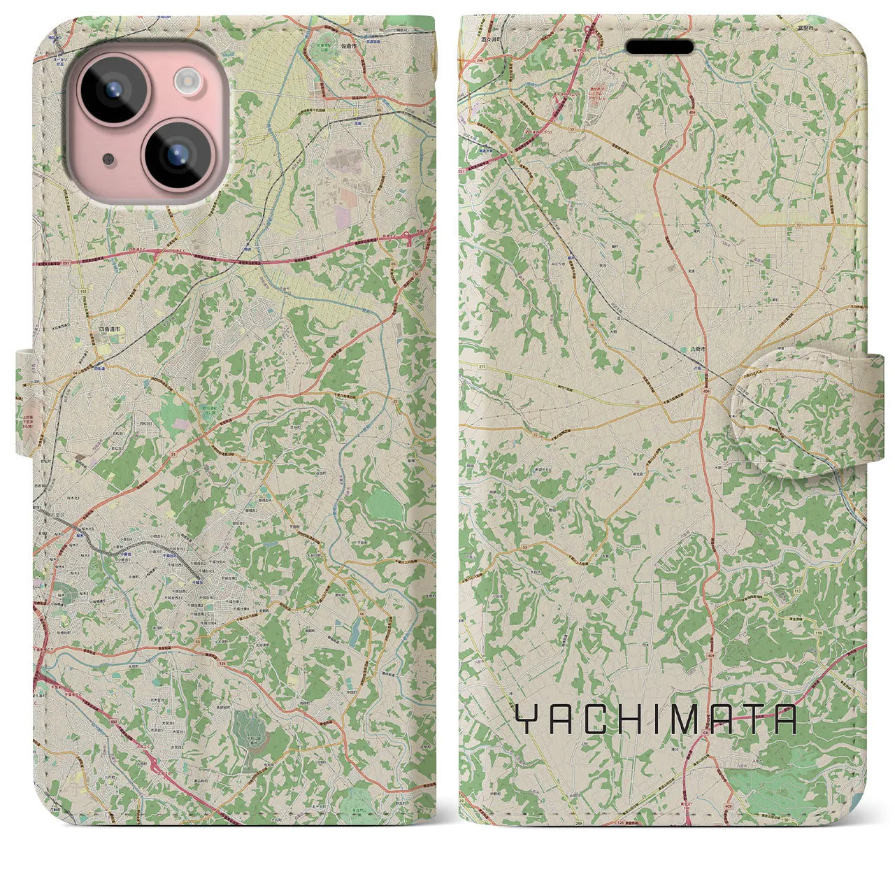 【八街(千葉県)】地図柄iPhoneケース(手帳タイプ)ナチュラル・iPhone 15 Plus 用