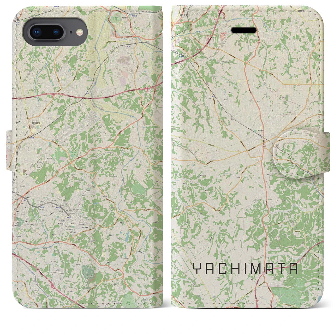 【八街(千葉県)】地図柄iPhoneケース(手帳タイプ)ナチュラル・iPhone 8Plus /7Plus / 6sPlus / 6Plus 用