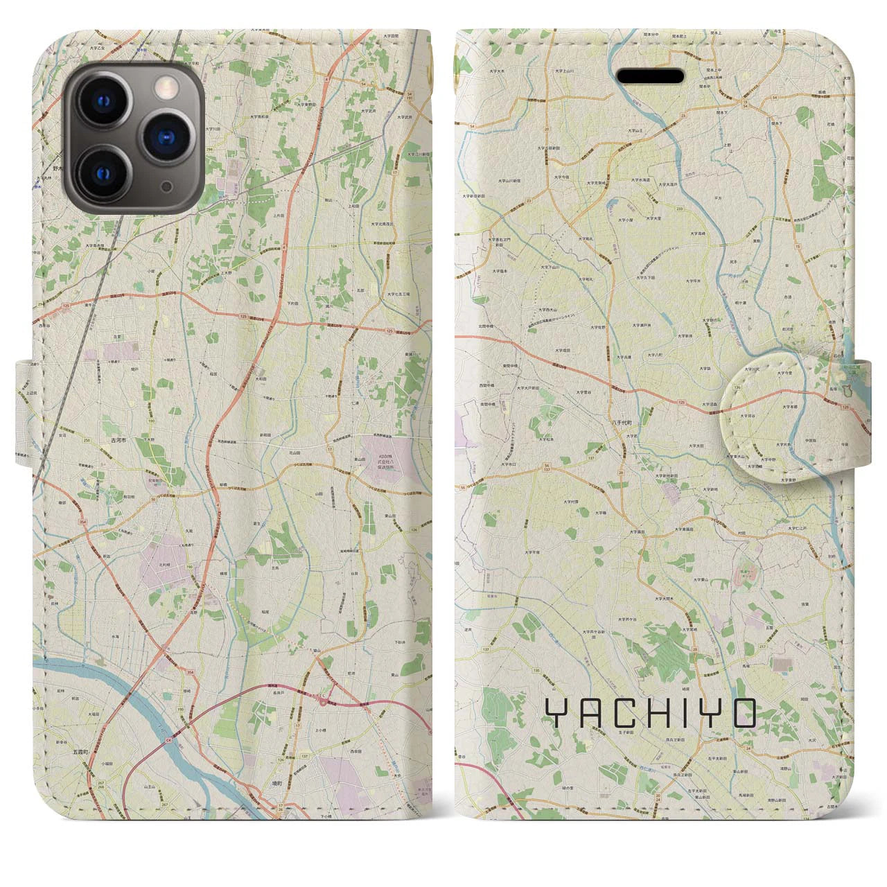 【八千代(茨城県)】地図柄iPhoneケース(手帳タイプ)ナチュラル・iPhone 11 Pro Max 用