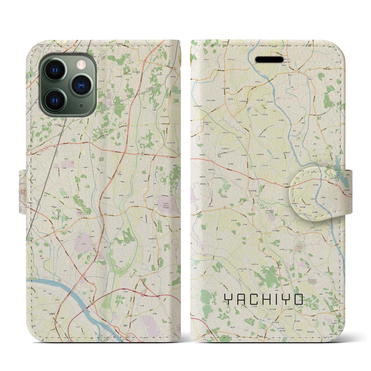 【八千代(茨城県)】地図柄iPhoneケース(手帳タイプ)ナチュラル・iPhone 11 Pro 用