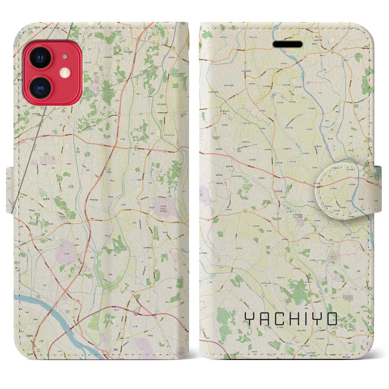 【八千代(茨城県)】地図柄iPhoneケース(手帳タイプ)ナチュラル・iPhone 11 用