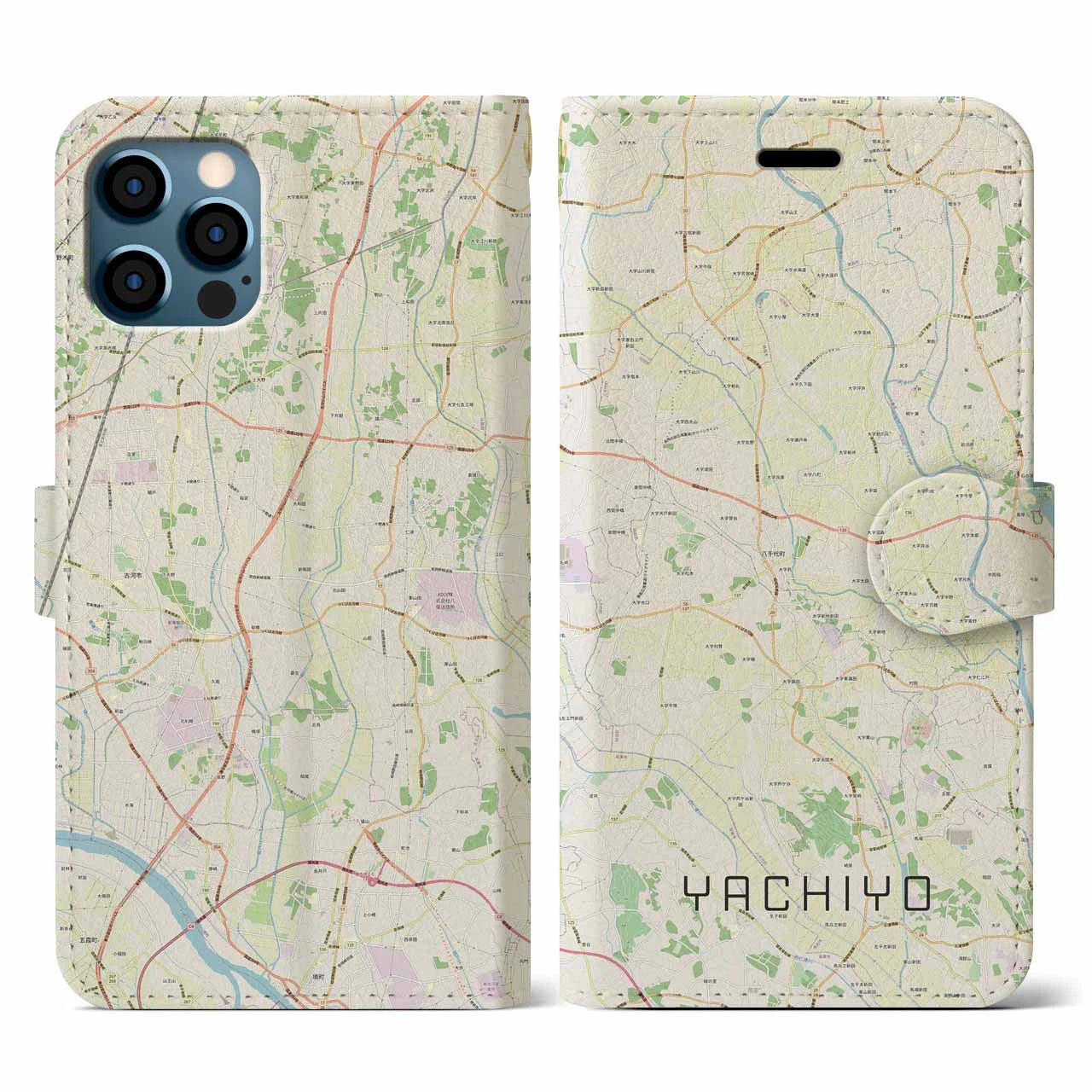 【八千代(茨城県)】地図柄iPhoneケース(手帳タイプ)ナチュラル・iPhone 12 / 12 Pro 用