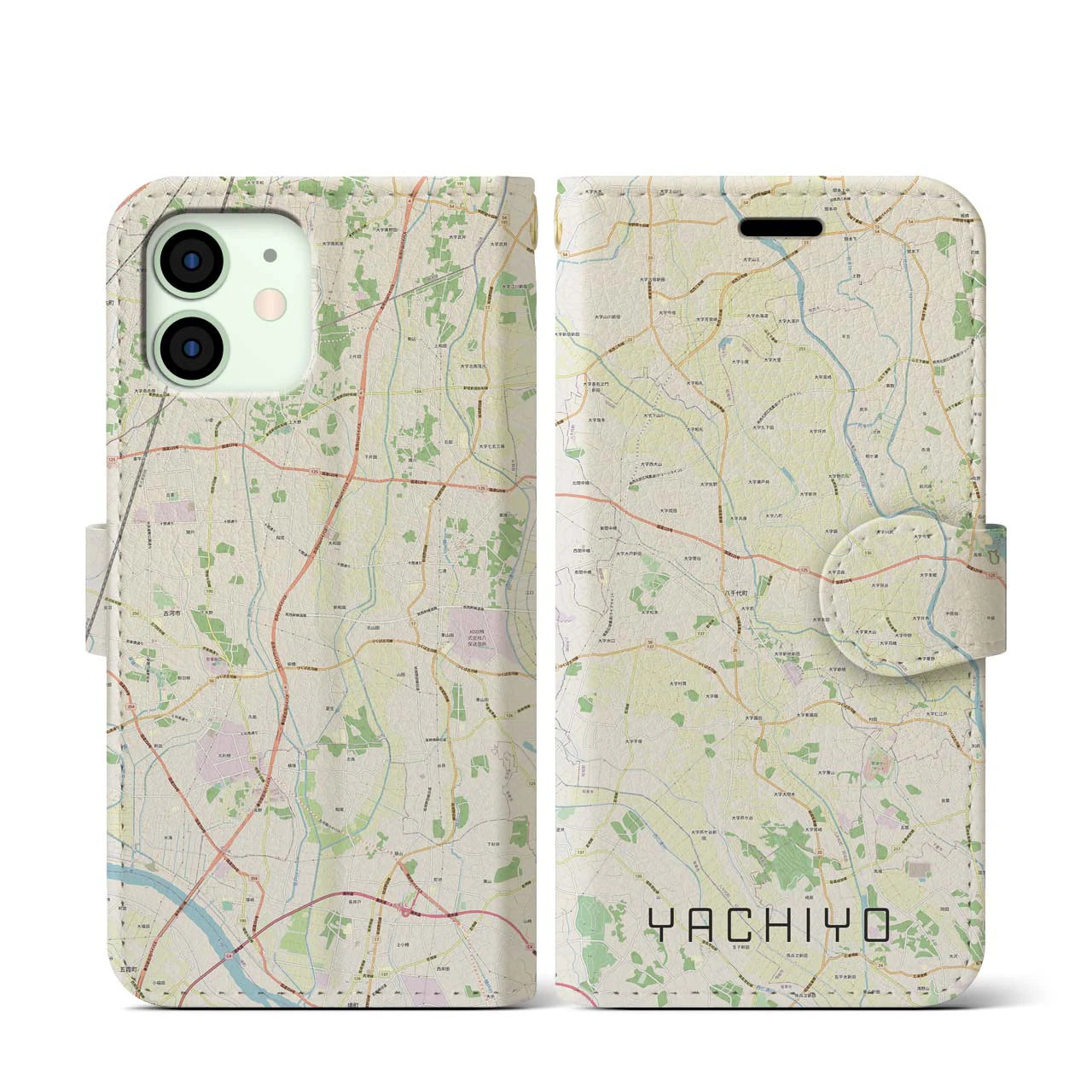 【八千代(茨城県)】地図柄iPhoneケース(手帳タイプ)ナチュラル・iPhone 12 mini 用