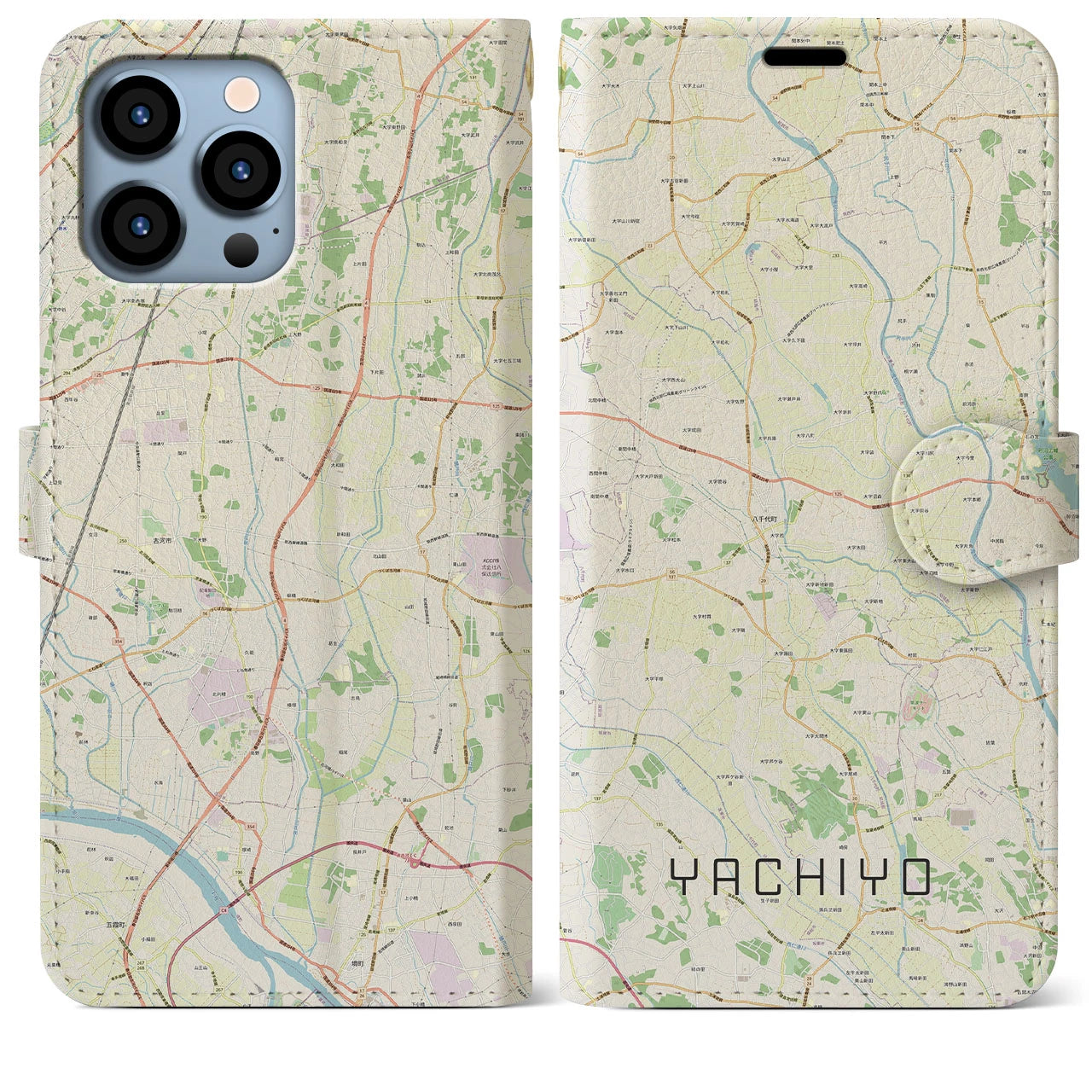 【八千代(茨城県)】地図柄iPhoneケース(手帳タイプ)ナチュラル・iPhone 13 Pro Max 用