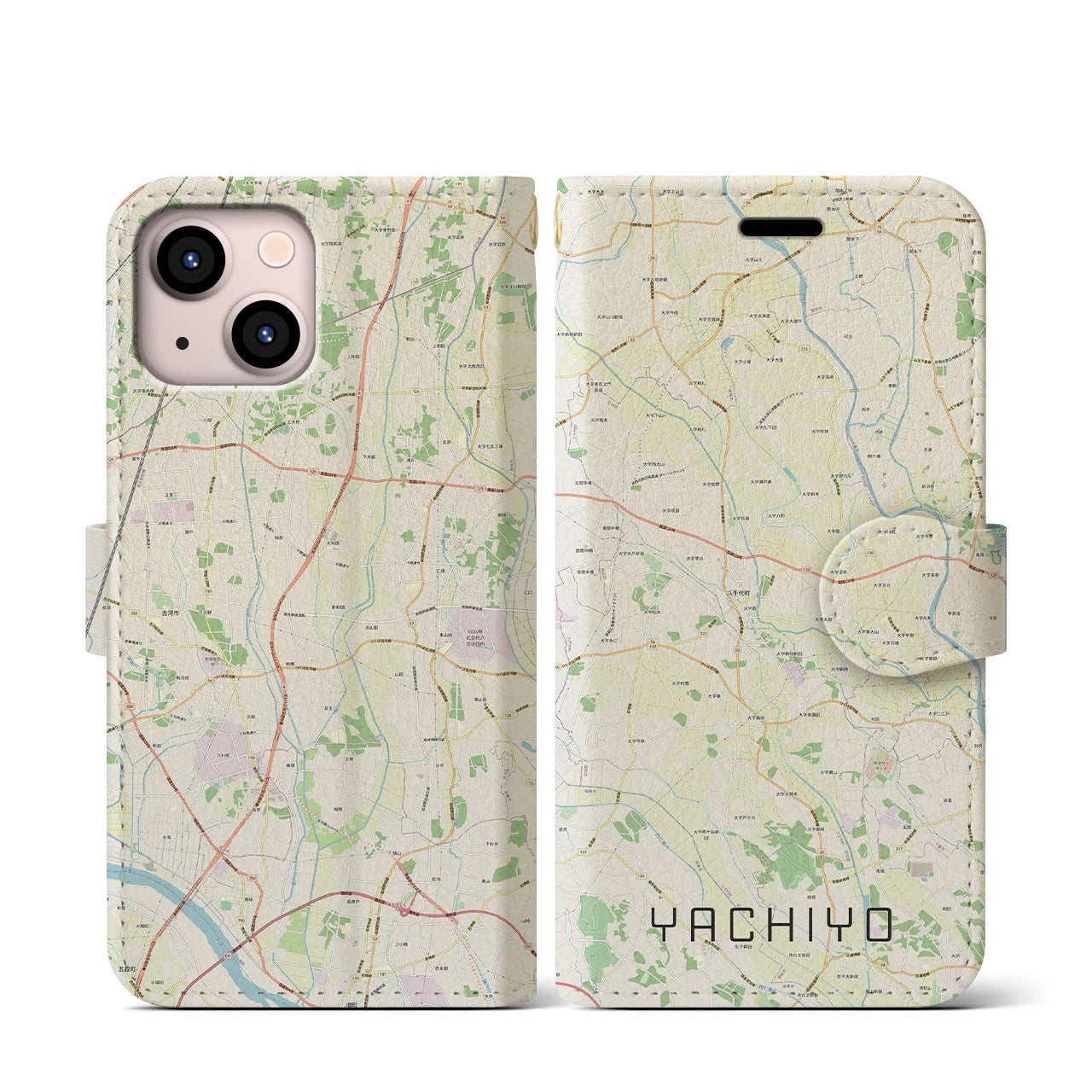 【八千代(茨城県)】地図柄iPhoneケース(手帳タイプ)ナチュラル・iPhone 13 mini 用