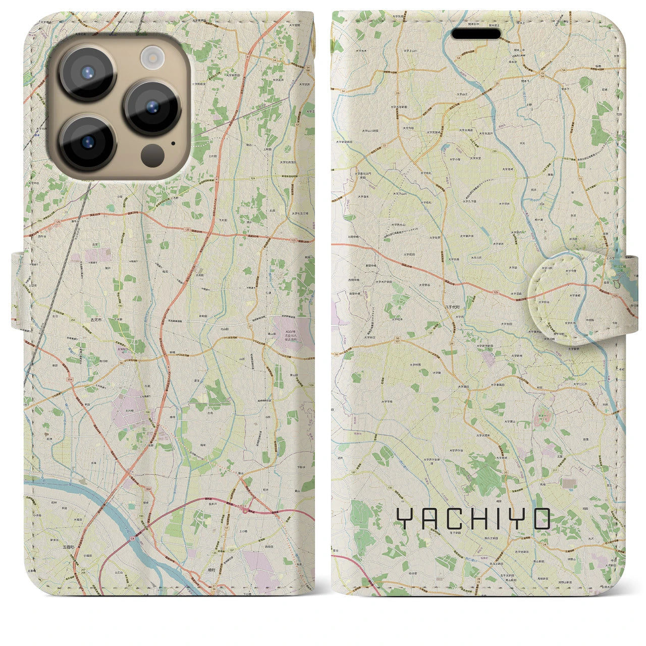【八千代(茨城県)】地図柄iPhoneケース(手帳タイプ)ナチュラル・iPhone 14 Pro Max 用