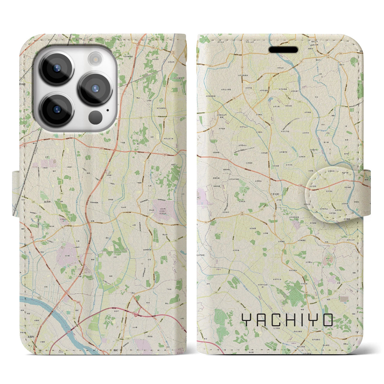 【八千代(茨城県)】地図柄iPhoneケース(手帳タイプ)ナチュラル・iPhone 14 Pro 用