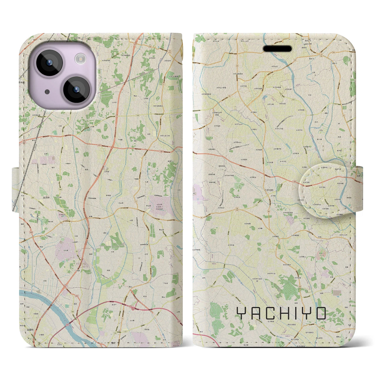 【八千代(茨城県)】地図柄iPhoneケース(手帳タイプ)ナチュラル・iPhone 14 用