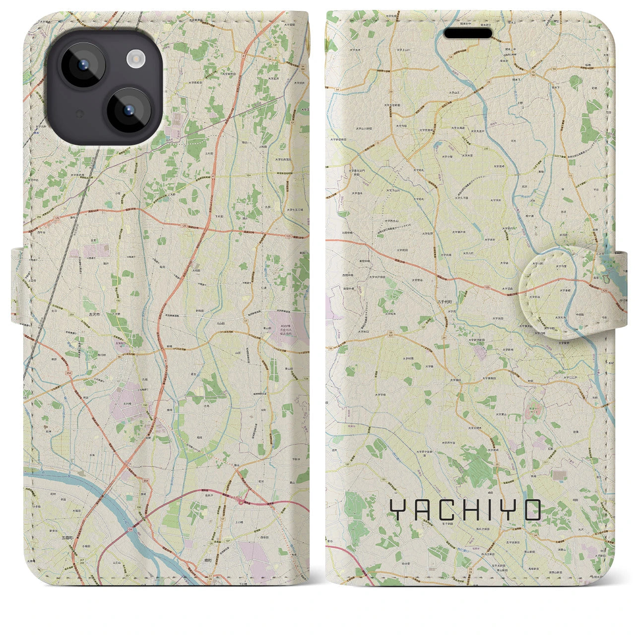 【八千代(茨城県)】地図柄iPhoneケース(手帳タイプ)ナチュラル・iPhone 14 Plus 用