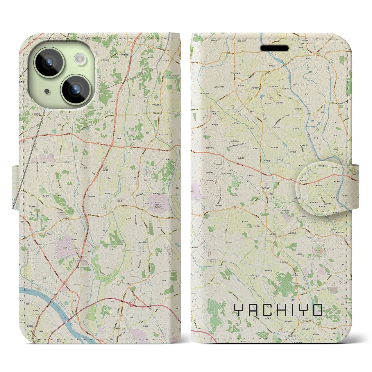 【八千代(茨城県)】地図柄iPhoneケース(手帳タイプ)ナチュラル・iPhone 15 用