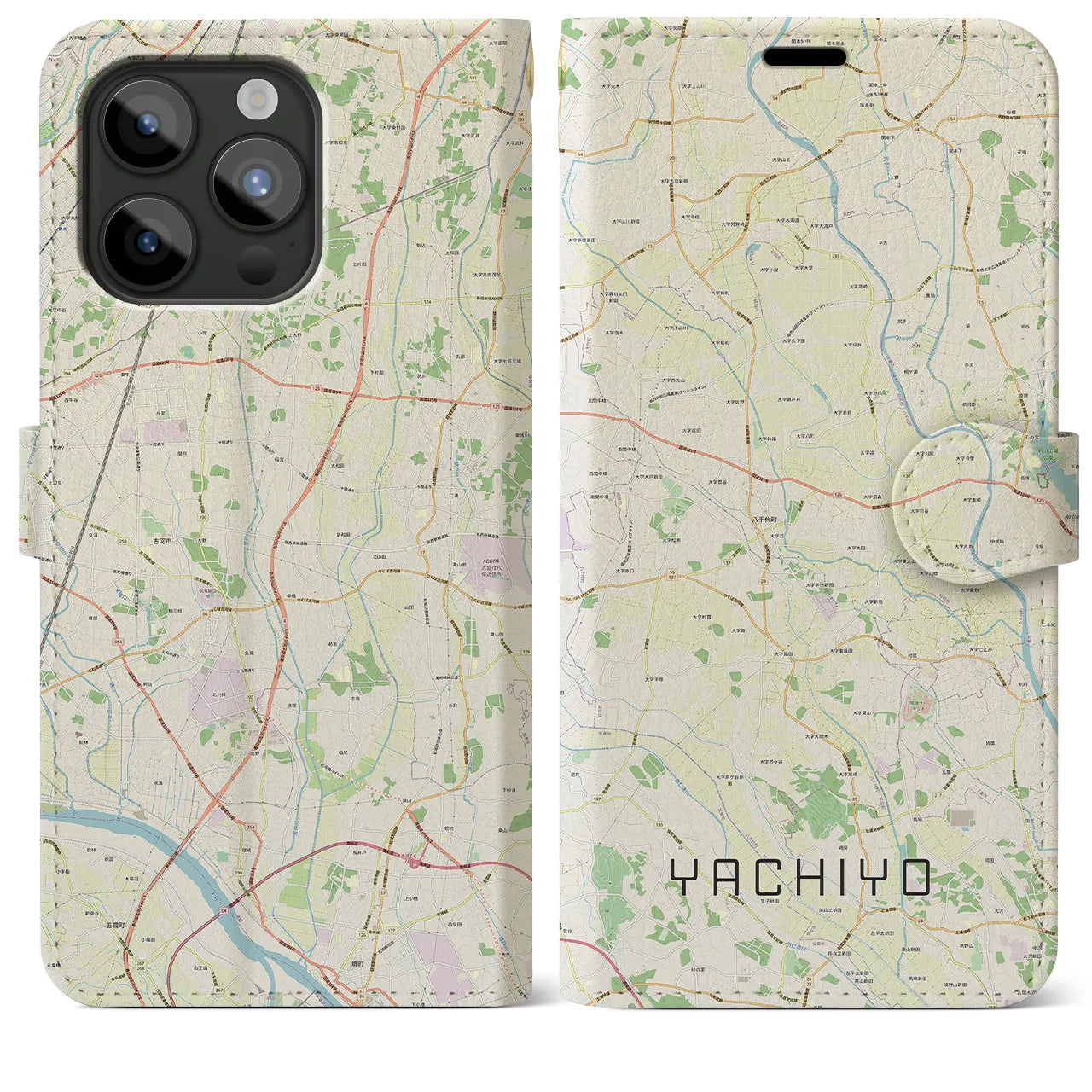 【八千代(茨城県)】地図柄iPhoneケース(手帳タイプ)ナチュラル・iPhone 15 Pro Max 用