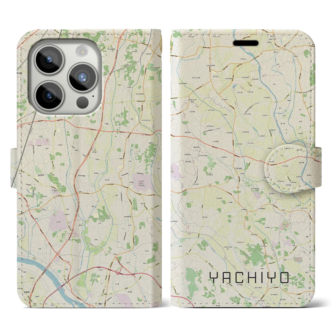 【八千代(茨城県)】地図柄iPhoneケース(手帳タイプ)ナチュラル・iPhone 15 Pro 用