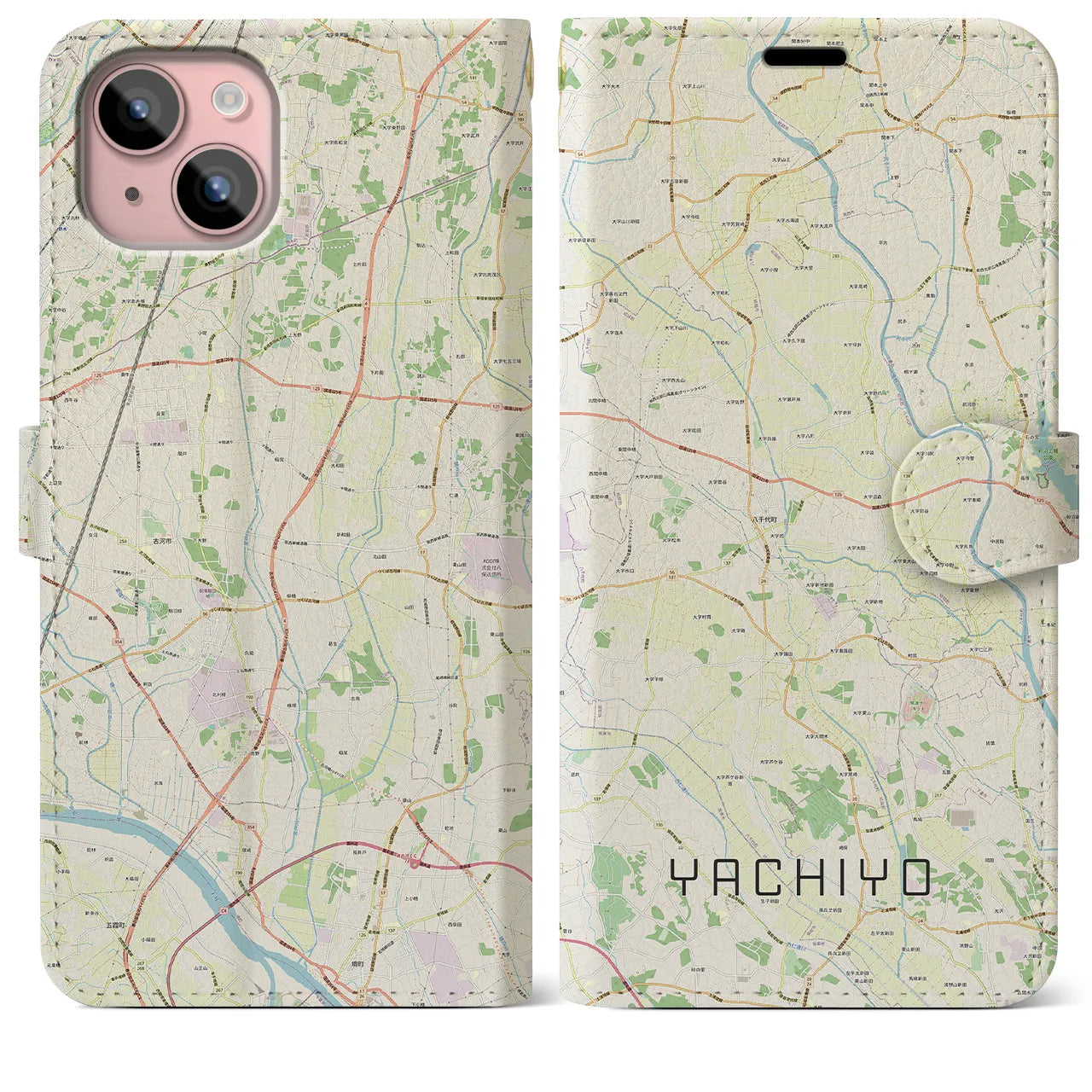 【八千代(茨城県)】地図柄iPhoneケース(手帳タイプ)ナチュラル・iPhone 15 Plus 用