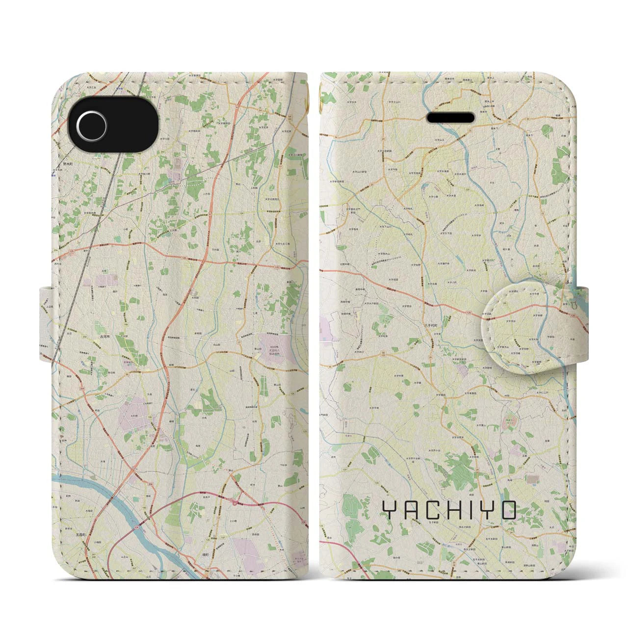 【八千代(茨城県)】地図柄iPhoneケース(手帳タイプ)ナチュラル・iPhone SE(第3 / 第2世代) / 8 / 7 / 6s / 6 用