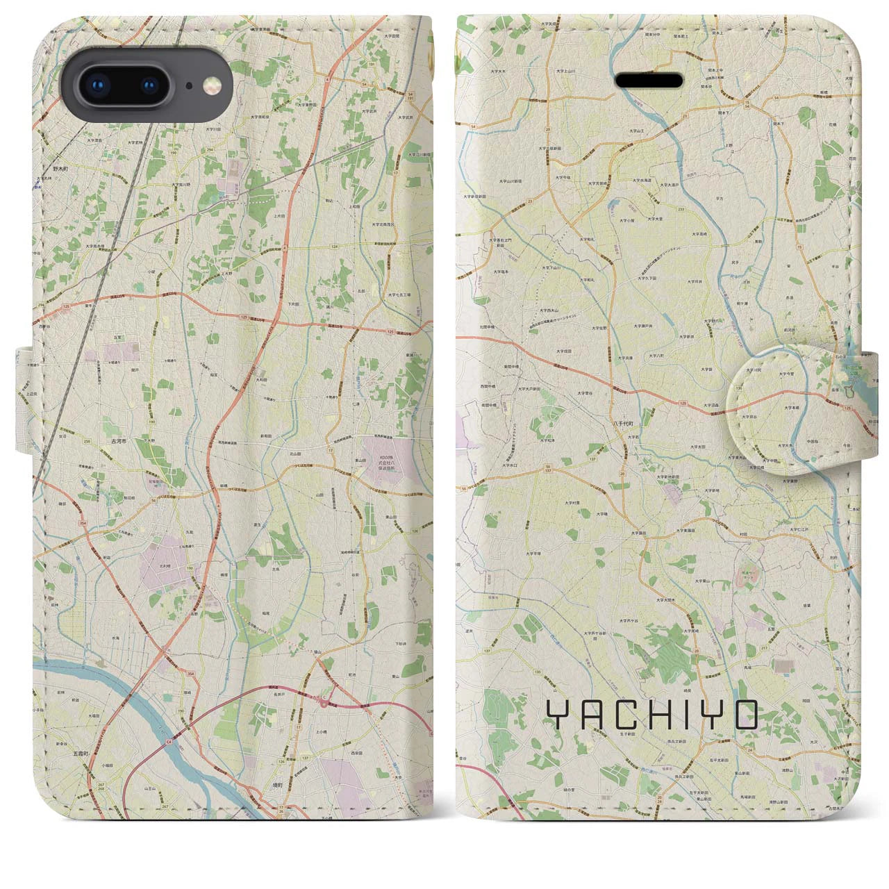 【八千代(茨城県)】地図柄iPhoneケース(手帳タイプ)ナチュラル・iPhone 8Plus /7Plus / 6sPlus / 6Plus 用