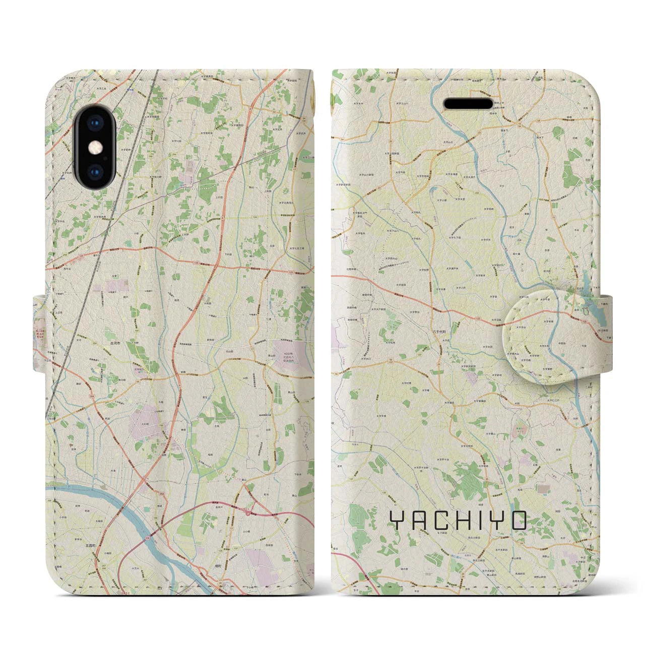 【八千代(茨城県)】地図柄iPhoneケース(手帳タイプ)ナチュラル・iPhone XS / X 用