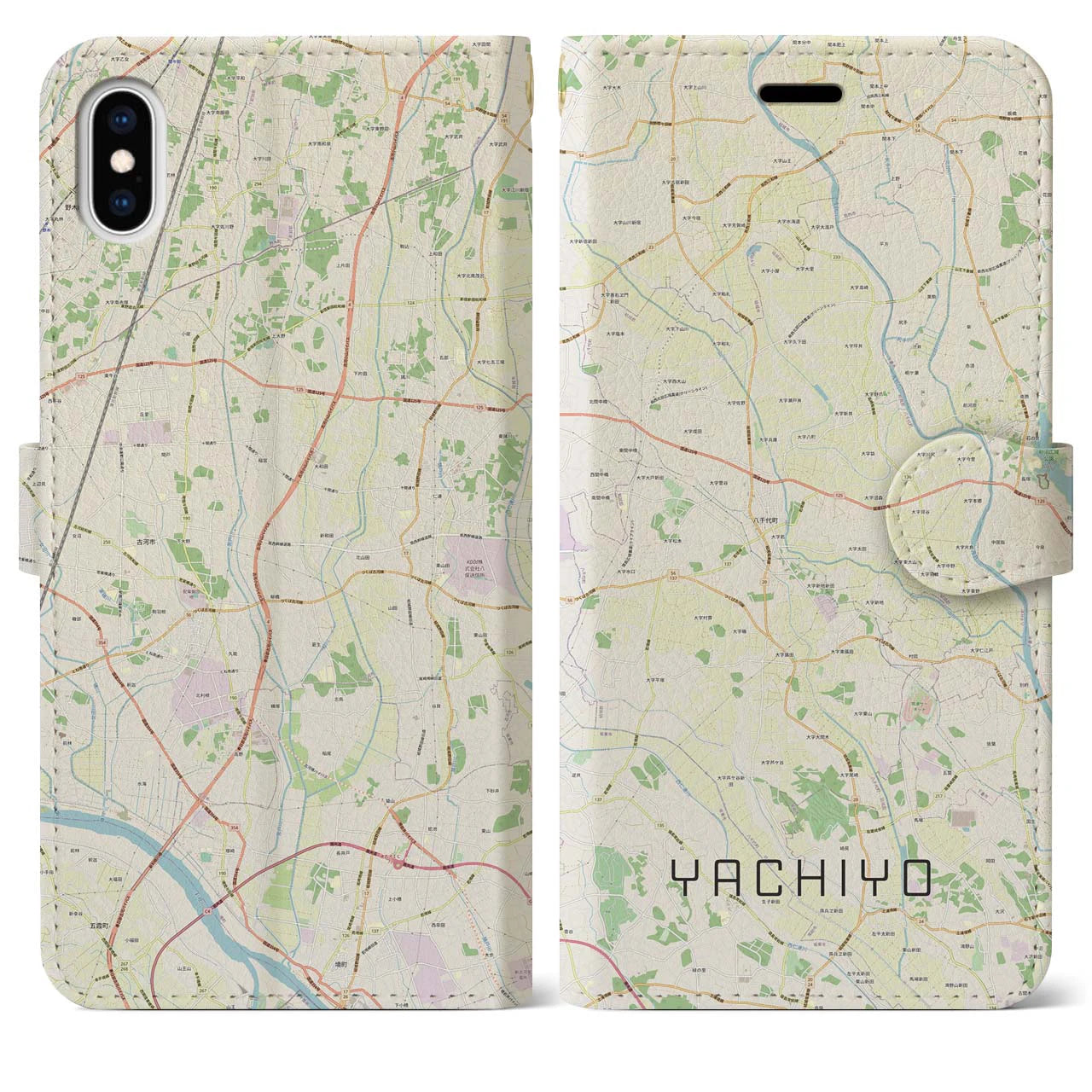 【八千代(茨城県)】地図柄iPhoneケース(手帳タイプ)ナチュラル・iPhone XS Max 用