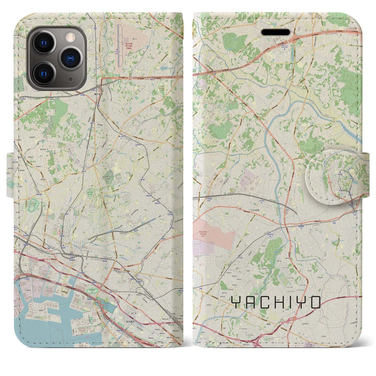 【八千代(千葉県)】地図柄iPhoneケース(手帳タイプ)ナチュラル・iPhone 11 Pro Max 用