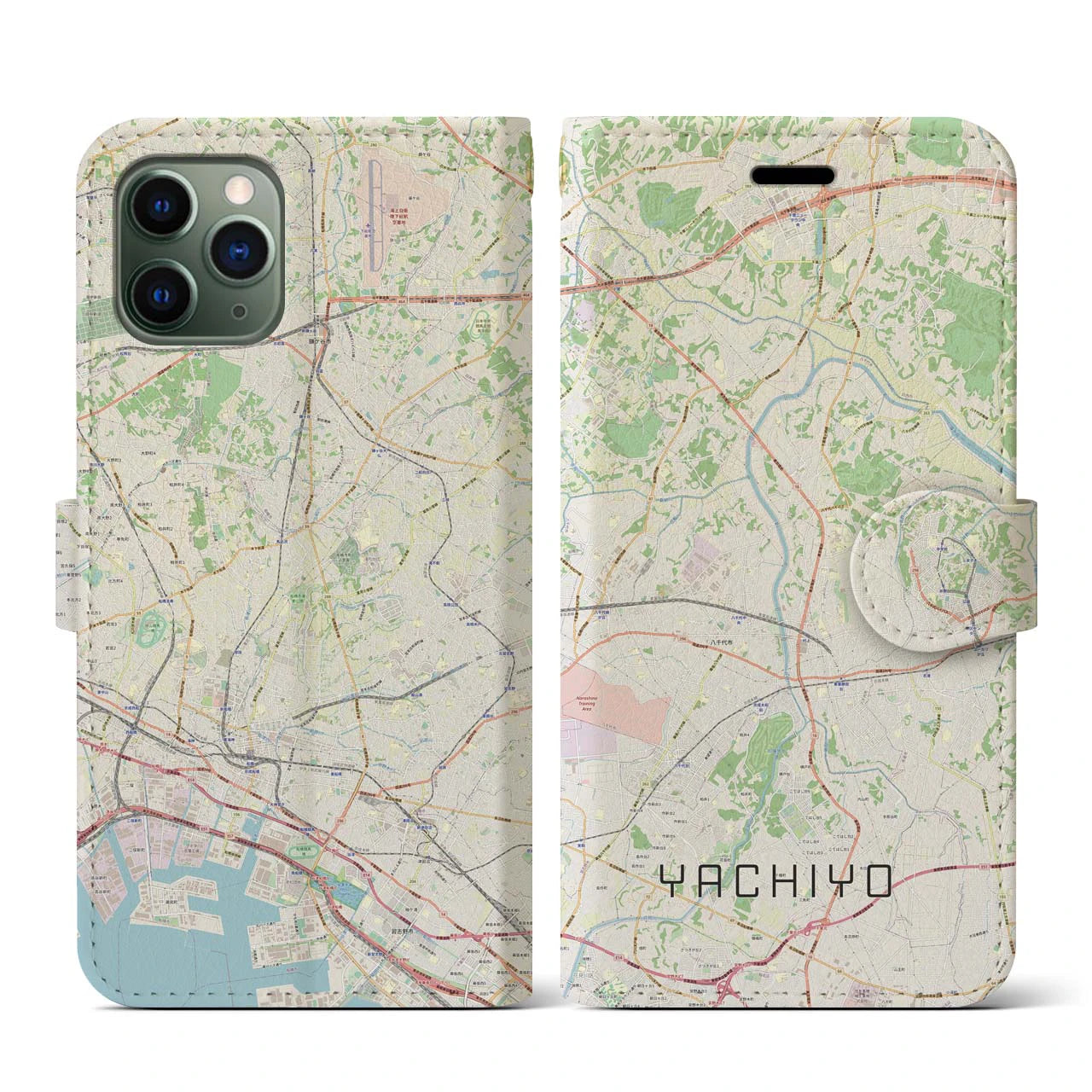 【八千代(千葉県)】地図柄iPhoneケース(手帳タイプ)ナチュラル・iPhone 11 Pro 用