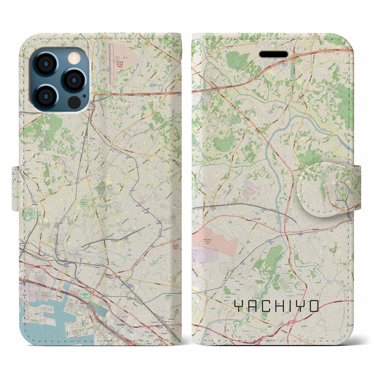 【八千代(千葉県)】地図柄iPhoneケース(手帳タイプ)ナチュラル・iPhone 12 / 12 Pro 用