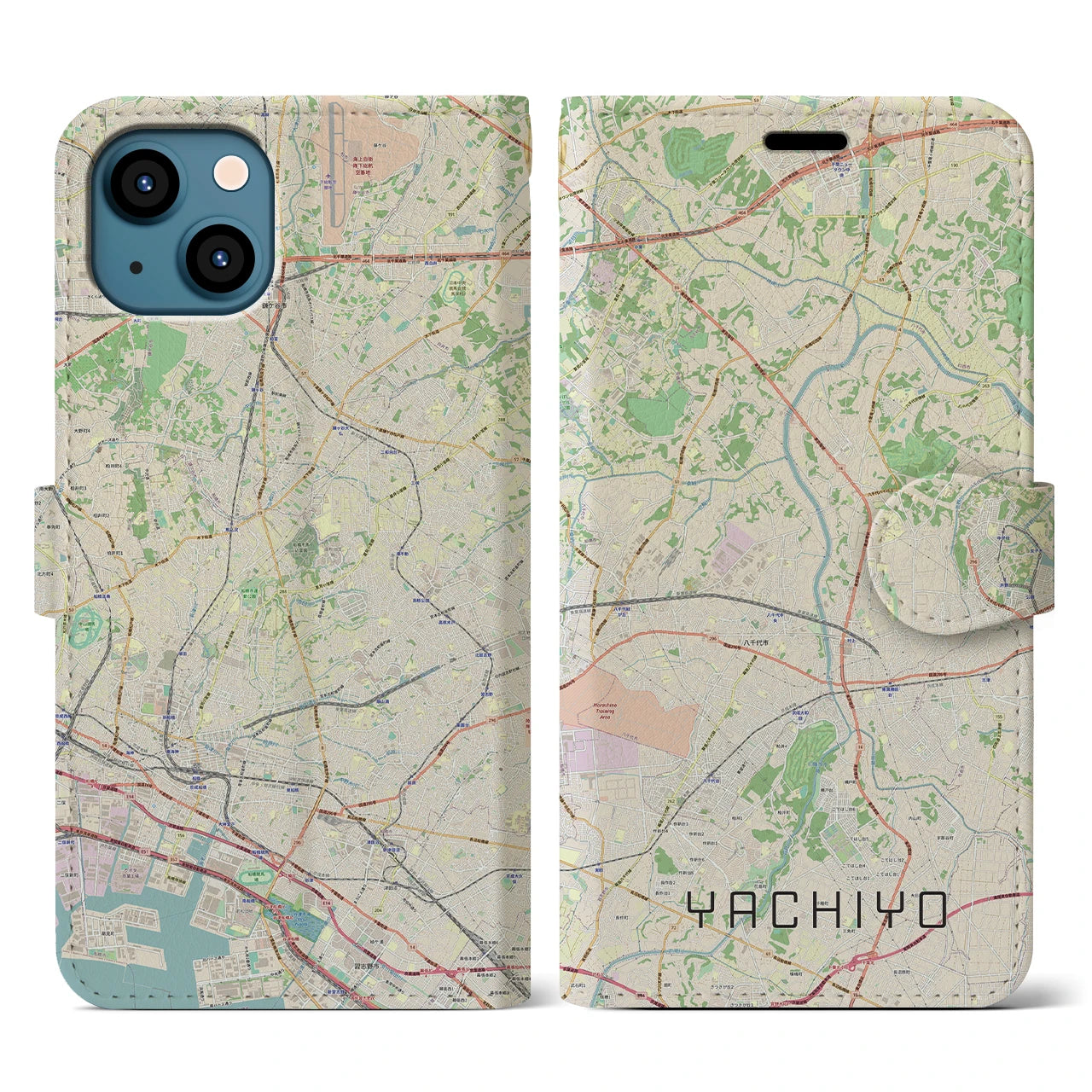 【八千代(千葉県)】地図柄iPhoneケース(手帳タイプ)ナチュラル・iPhone 13 Pro 用