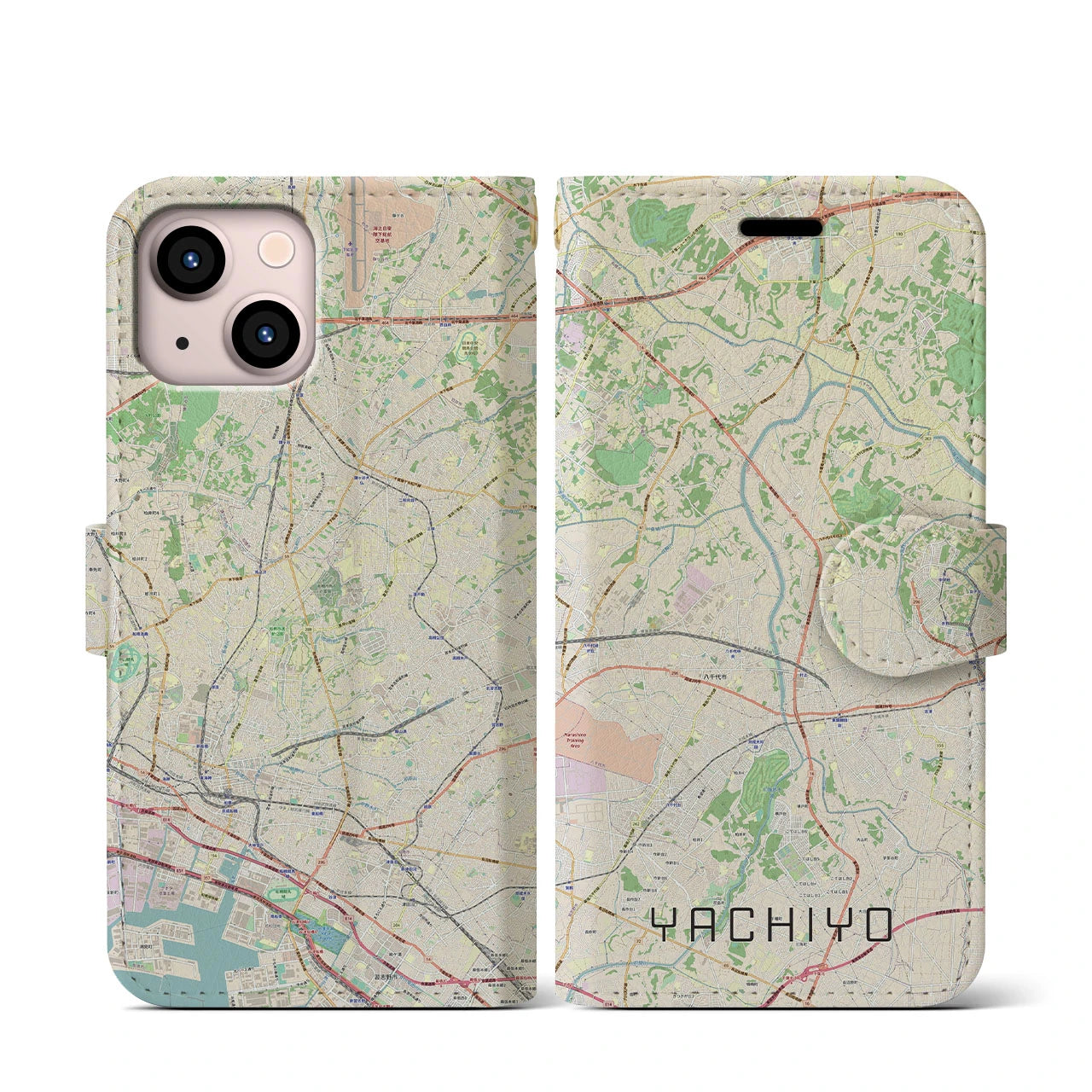 【八千代(千葉県)】地図柄iPhoneケース(手帳タイプ)ナチュラル・iPhone 13 mini 用