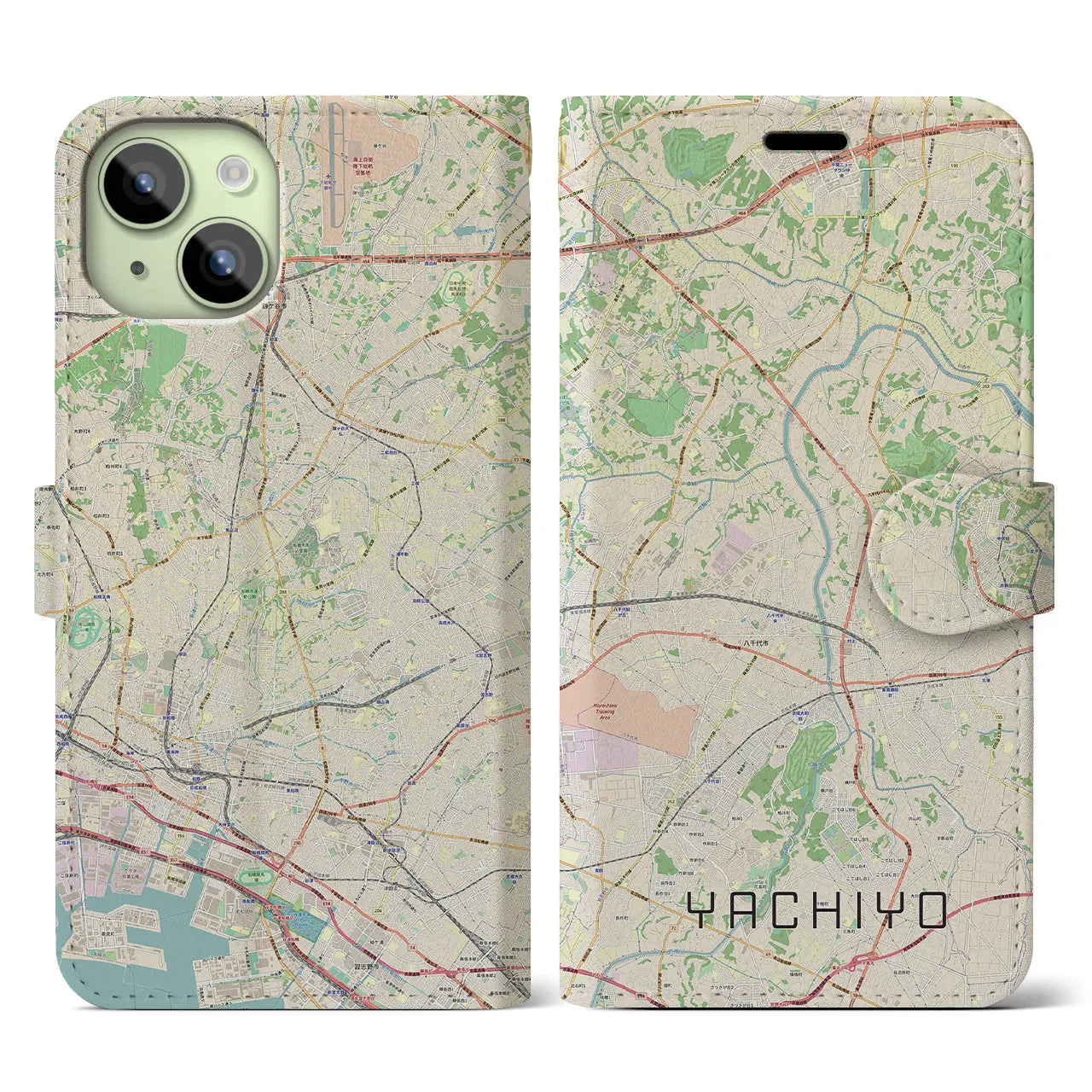 【八千代(千葉県)】地図柄iPhoneケース(手帳タイプ)ナチュラル・iPhone 15 用