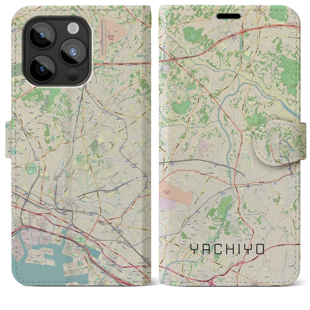 【八千代(千葉県)】地図柄iPhoneケース(手帳タイプ)ナチュラル・iPhone 15 Pro Max 用