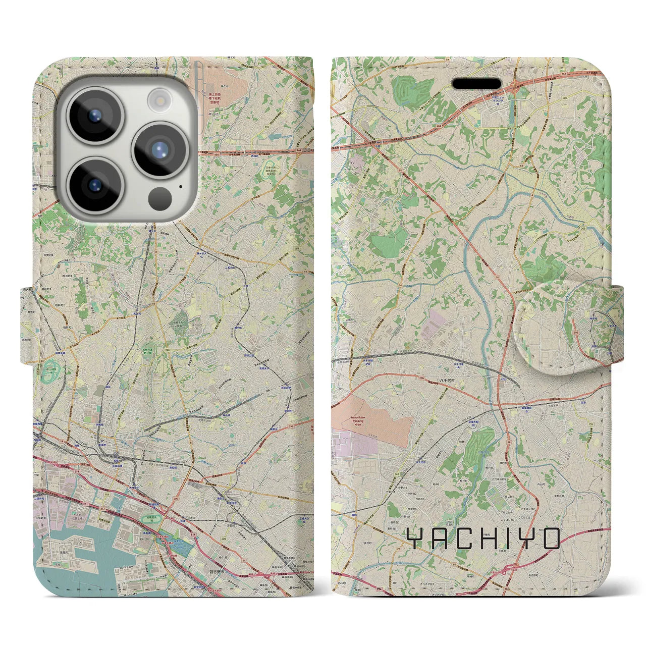 【八千代(千葉県)】地図柄iPhoneケース(手帳タイプ)ナチュラル・iPhone 15 Pro 用