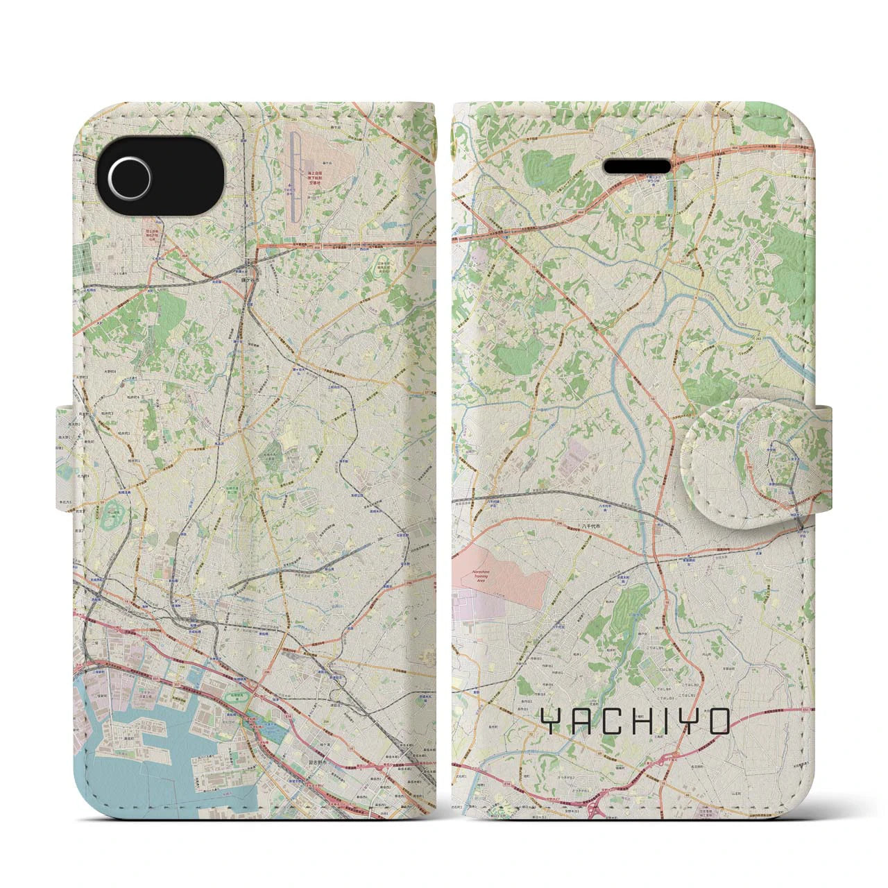 【八千代(千葉県)】地図柄iPhoneケース(手帳タイプ)ナチュラル・iPhone SE(第3 / 第2世代) / 8 / 7 / 6s / 6 用