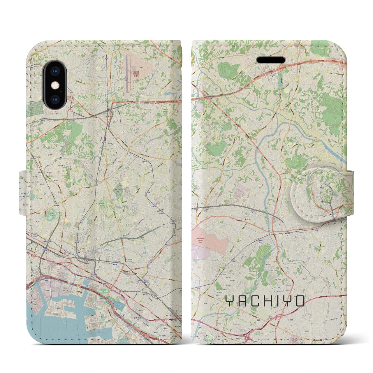 【八千代(千葉県)】地図柄iPhoneケース(手帳タイプ)ナチュラル・iPhone XS / X 用