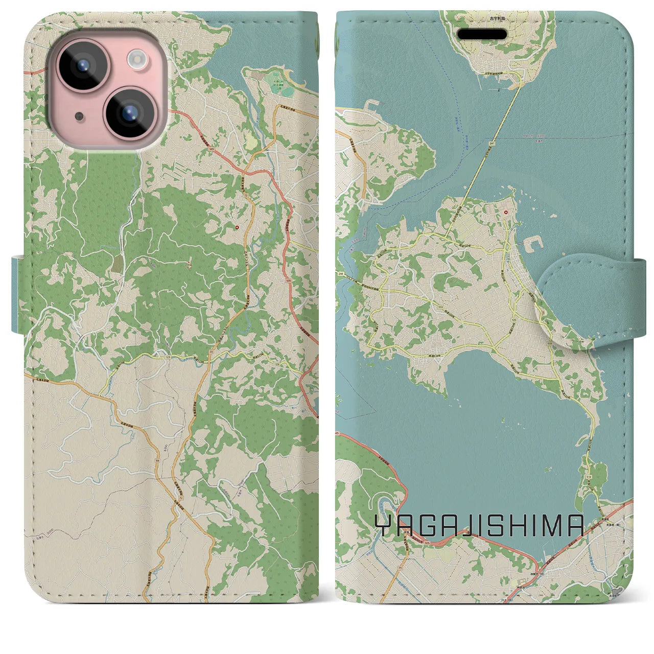 【屋我地島(沖縄県)】地図柄iPhoneケース(手帳タイプ)ナチュラル・iPhone 15 Plus 用