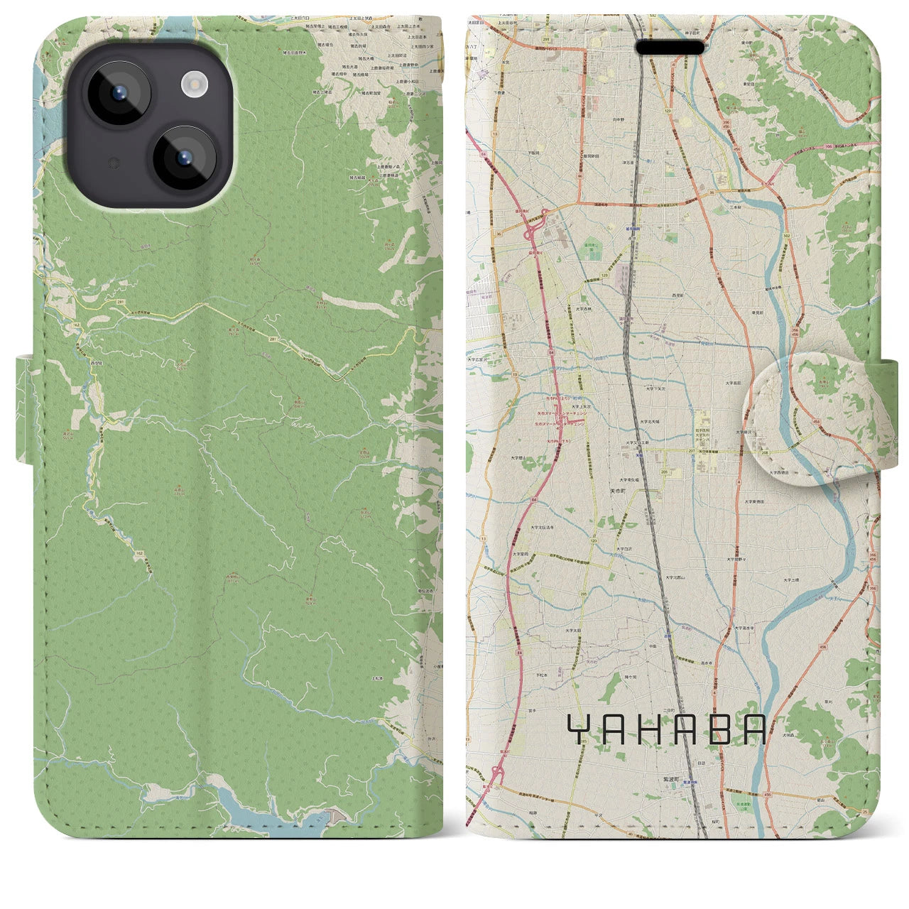 【矢巾(岩手県)】地図柄iPhoneケース(手帳タイプ)ナチュラル・iPhone 14 Plus 用