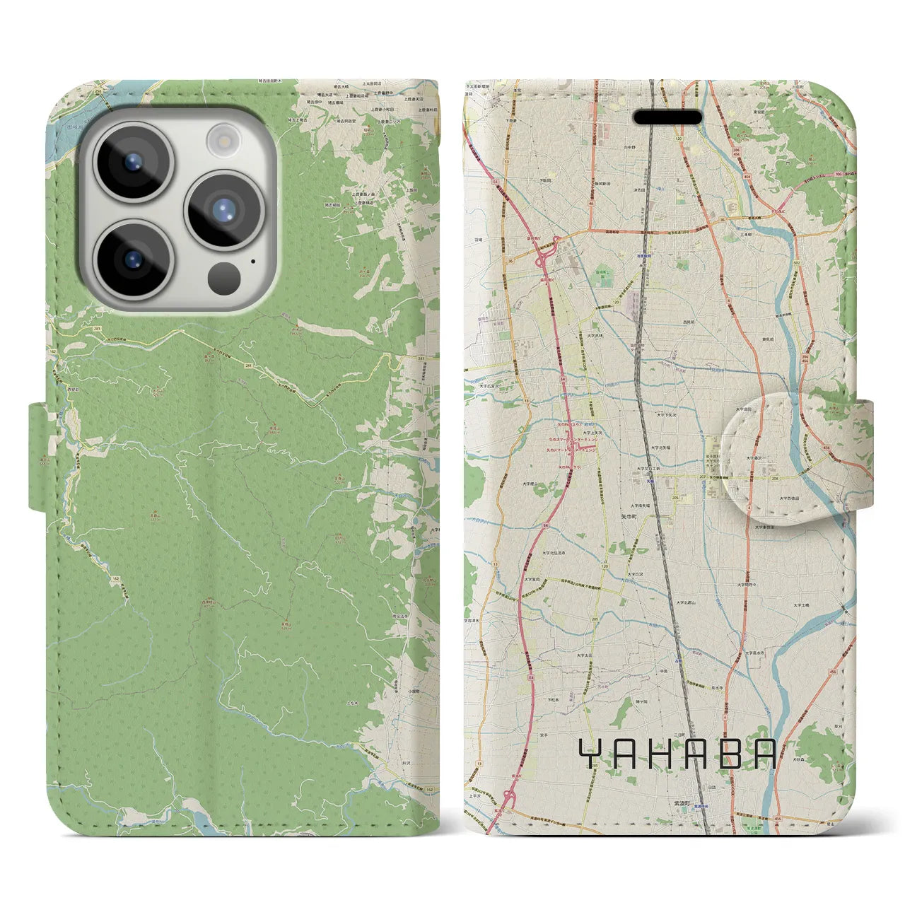 【矢巾(岩手県)】地図柄iPhoneケース(手帳タイプ)ナチュラル・iPhone 15 Pro 用