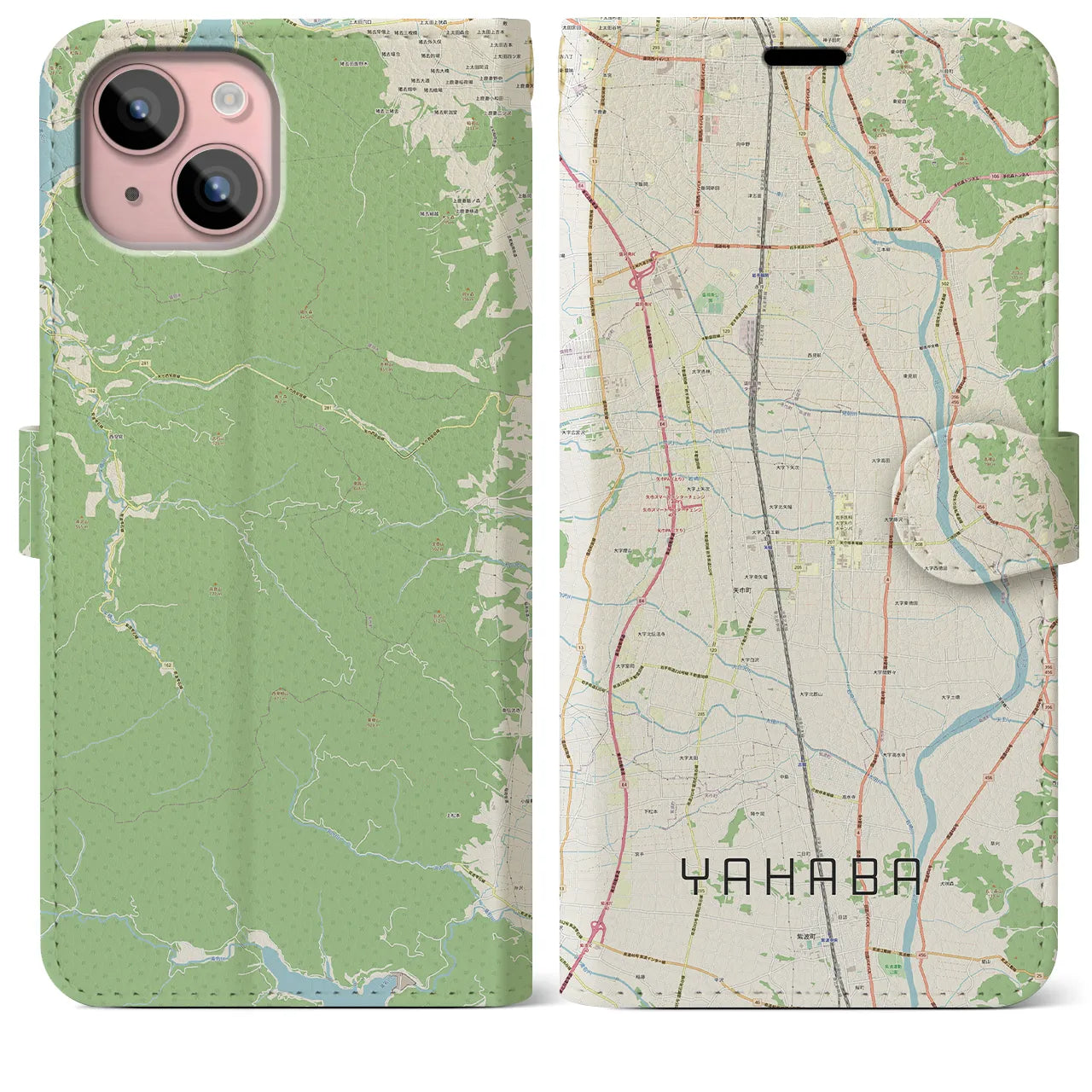【矢巾(岩手県)】地図柄iPhoneケース(手帳タイプ)ナチュラル・iPhone 15 Plus 用