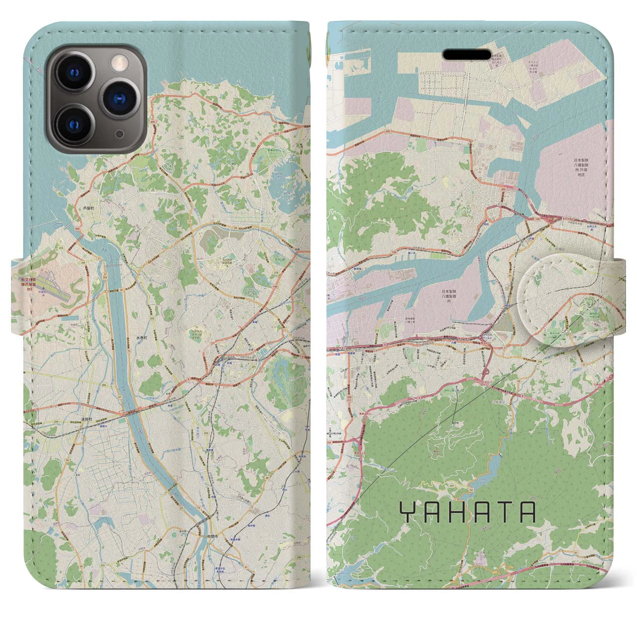 【八幡(福岡県)】地図柄iPhoneケース(手帳タイプ)ナチュラル・iPhone 11 Pro Max 用