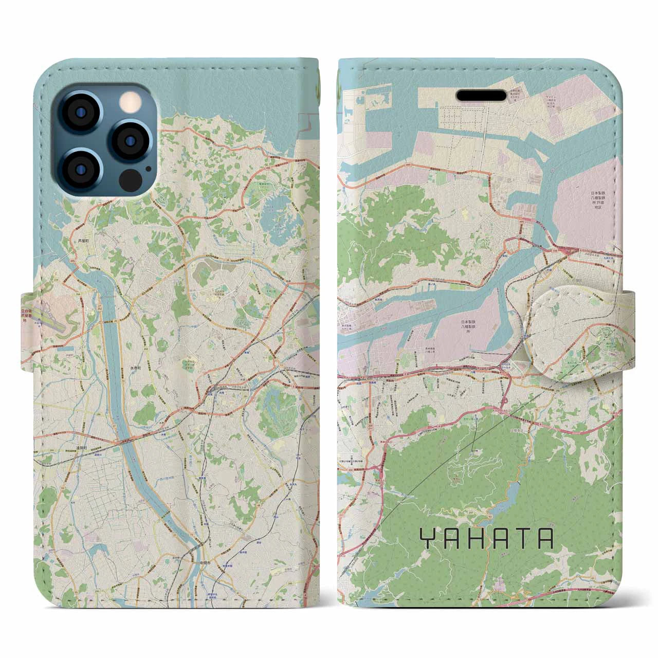 【八幡(福岡県)】地図柄iPhoneケース(手帳タイプ)ナチュラル・iPhone 12 / 12 Pro 用