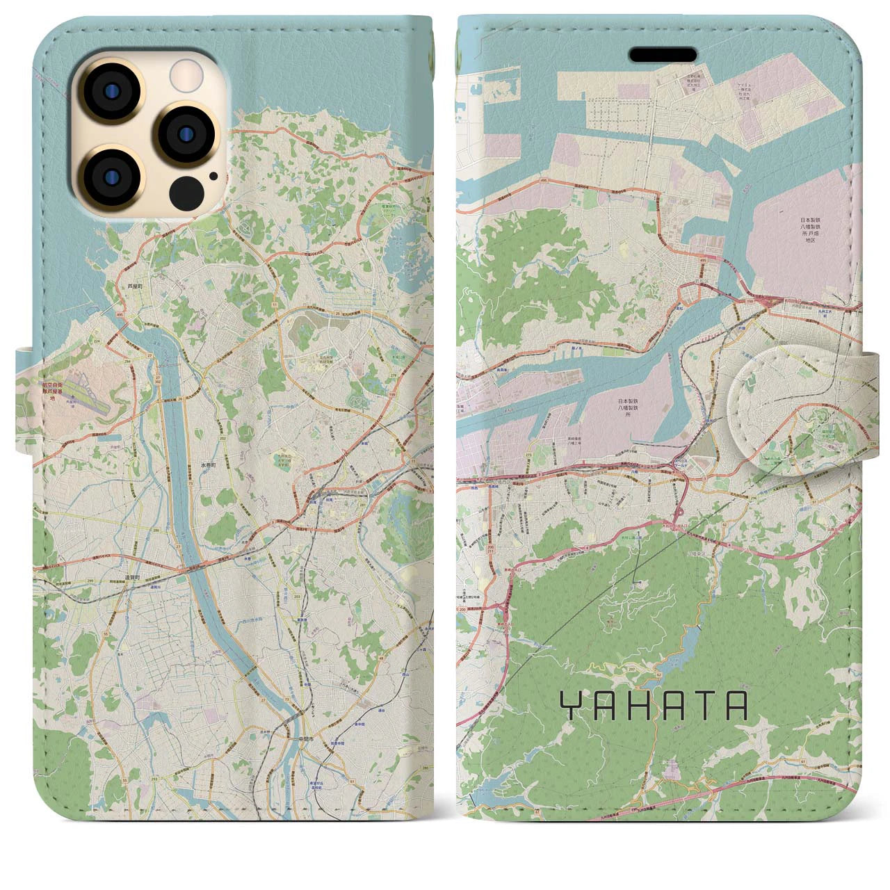 【八幡(福岡県)】地図柄iPhoneケース(手帳タイプ)ナチュラル・iPhone 12 Pro Max 用