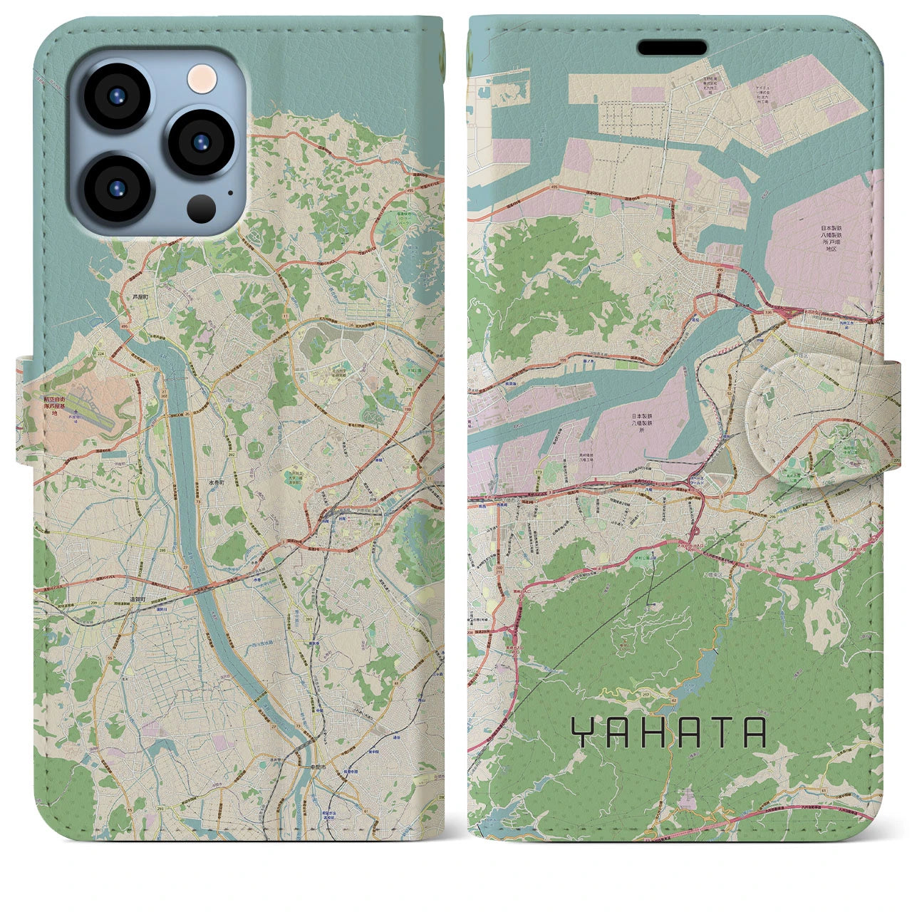 【八幡(福岡県)】地図柄iPhoneケース(手帳タイプ)ナチュラル・iPhone 13 Pro Max 用