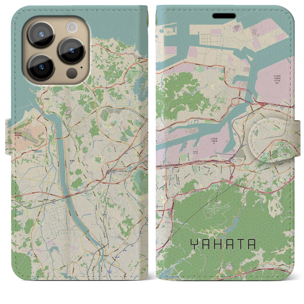【八幡(福岡県)】地図柄iPhoneケース(手帳タイプ)ナチュラル・iPhone 14 Pro Max 用