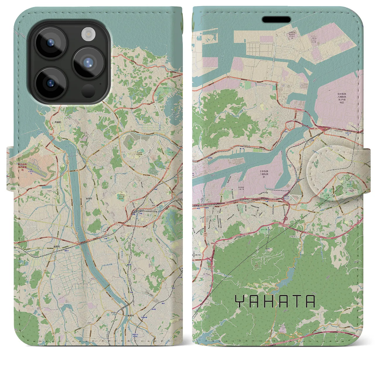 【八幡(福岡県)】地図柄iPhoneケース(手帳タイプ)ナチュラル・iPhone 15 Pro Max 用
