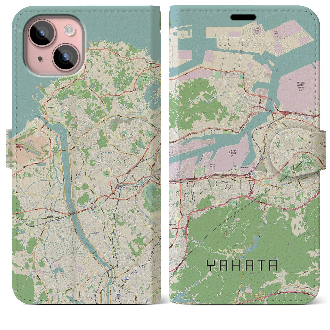 【八幡(福岡県)】地図柄iPhoneケース(手帳タイプ)ナチュラル・iPhone 15 Plus 用