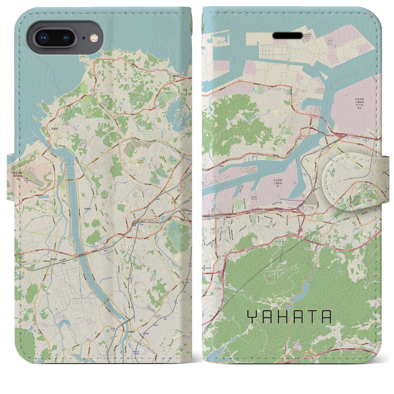 【八幡(福岡県)】地図柄iPhoneケース(手帳タイプ)ナチュラル・iPhone 8Plus /7Plus / 6sPlus / 6Plus 用