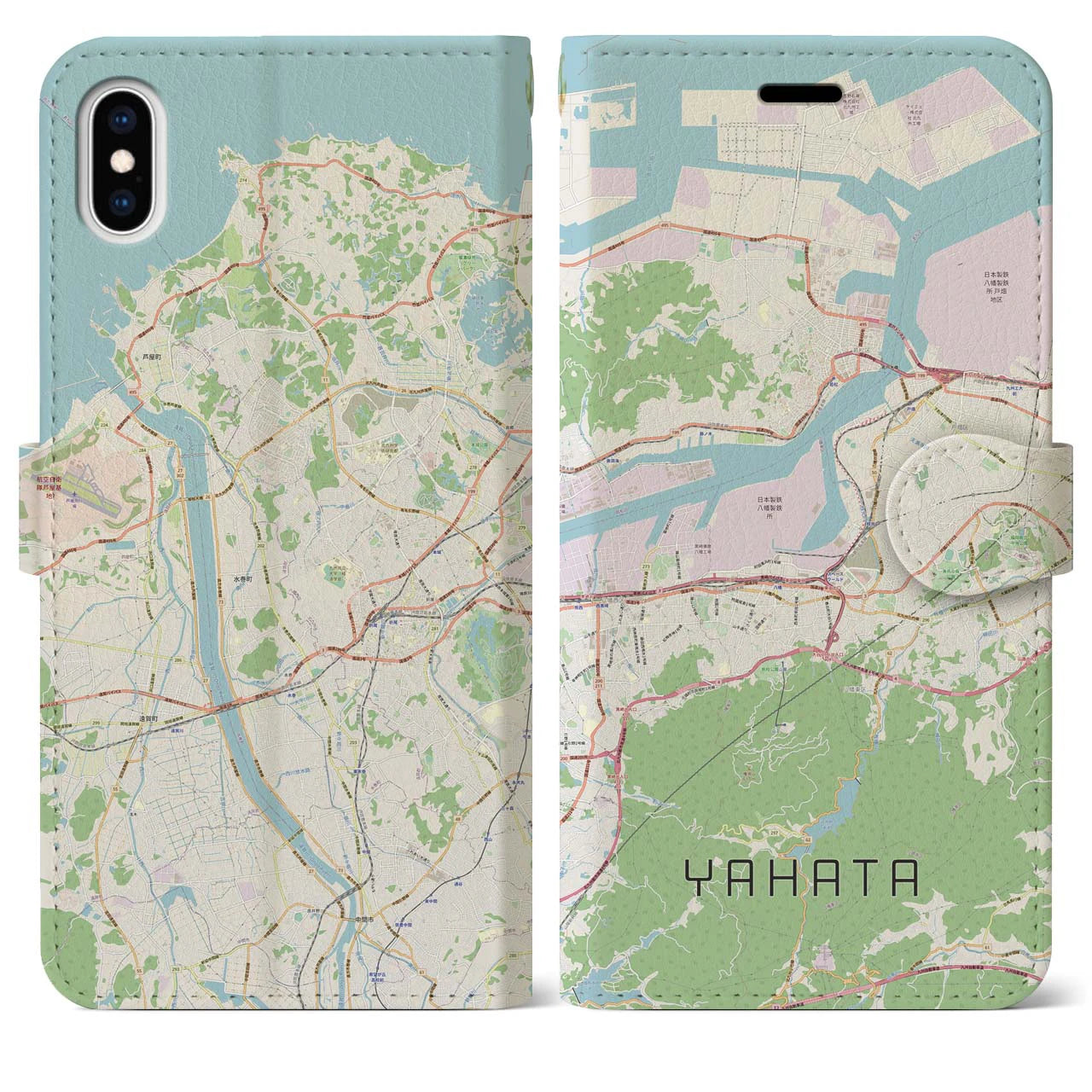 【八幡(福岡県)】地図柄iPhoneケース(手帳タイプ)ナチュラル・iPhone XS Max 用