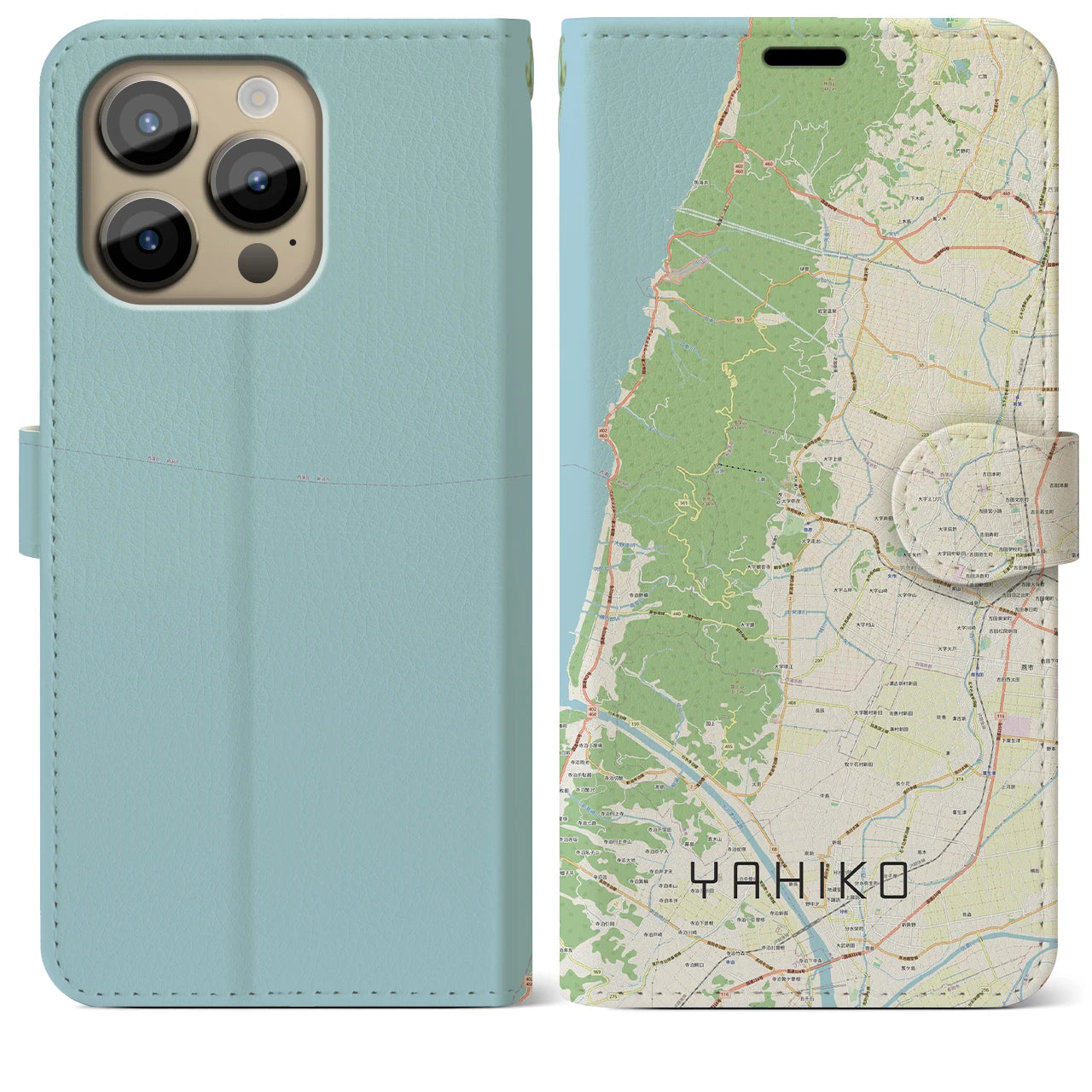 【弥彦(新潟県)】地図柄iPhoneケース(手帳タイプ)ナチュラル・iPhone 14 Pro Max 用