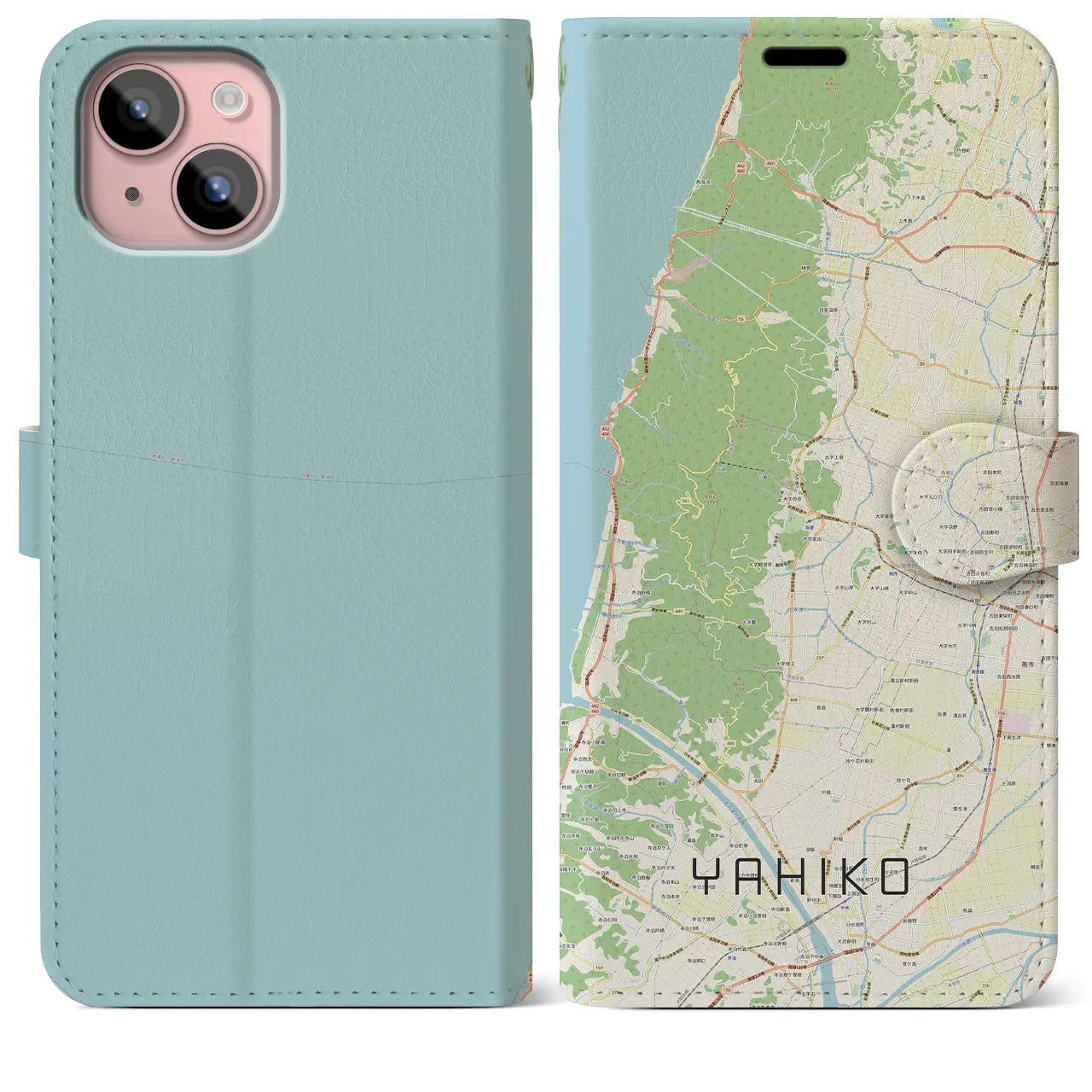 【弥彦(新潟県)】地図柄iPhoneケース(手帳タイプ)ナチュラル・iPhone 15 Plus 用