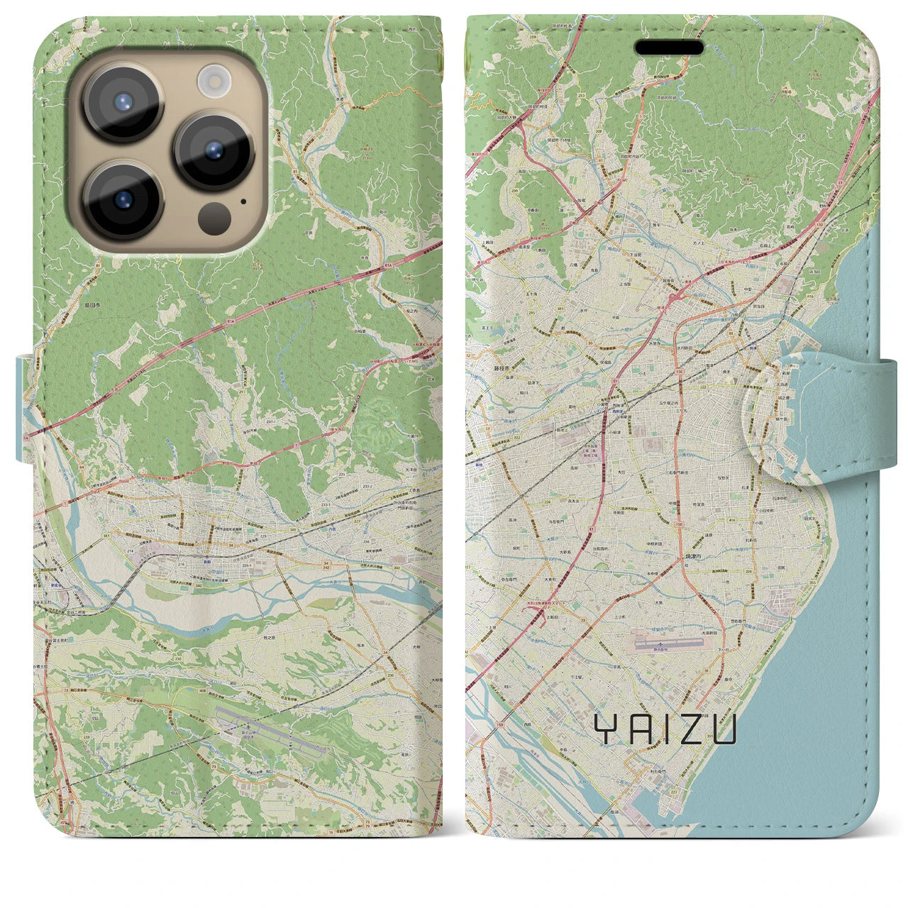 【焼津(静岡県)】地図柄iPhoneケース(手帳タイプ)ナチュラル・iPhone 14 Pro Max 用